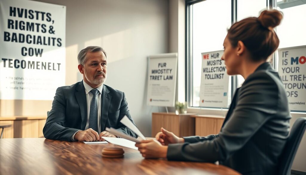 A professional office setting with a modern and sleek design, featuring a wooden conference table. In the foreground, a middle-aged man in a suit, holding a document, looks concerned while discussing his situation with a young woman in professional business attire, who appears empathetic and engaged. She is listening attentively, conveying a sense of understanding. In the background, large windows let in natural light, casting a warm glow over the scene. The room is adorned with motivational posters about rights and compensation, creating an atmosphere of advocacy and support. The composition is captured at eye level to emphasize the interaction, with a focus on their expressions, evoking a feeling of seriousness yet hopefulness regarding their rights as victims. A professional office setting with a modern and sleek design, featuring a wooden conference table. In the foreground, a middle-aged man in a suit, holding a document, looks concerned while discussing his situation with a young woman in professional business attire, who appears empathetic and engaged. She is listening attentively, conveying a sense of understanding. In the background, large windows let in natural light, casting a warm glow over the scene. The room is adorned with motivational posters about rights and compensation, creating an atmosphere of advocacy and support. The composition is captured at eye level to emphasize the interaction, with a focus on their expressions, evoking a feeling of seriousness yet hopefulness regarding their rights as victims.