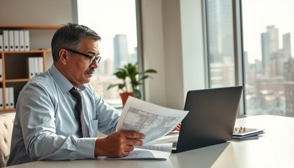 A professional property appraiser examining documents related to an insurance claim, seated at a modern desk in a well-lit office. In the foreground, the appraiser is a middle-aged individual wearing business attire, focused and engaged while analyzing architectural plans and a laptop. The middle ground features shelves lined with reference books and a potted plant, adding a touch of greenery. In the background, a large window allows natural light to flood the room, highlighting the city's skyline. The atmosphere is serious yet calm, reflecting the weight of financial responsibility and professionalism. The perspective is slightly angled to emphasize the workspace, capturing both the appraiser's concentration and the organized environment. A professional property appraiser examining documents related to an insurance claim, seated at a modern desk in a well-lit office. In the foreground, the appraiser is a middle-aged individual wearing business attire, focused and engaged while analyzing architectural plans and a laptop. The middle ground features shelves lined with reference books and a potted plant, adding a touch of greenery. In the background, a large window allows natural light to flood the room, highlighting the city's skyline. The atmosphere is serious yet calm, reflecting the weight of financial responsibility and professionalism. The perspective is slightly angled to emphasize the workspace, capturing both the appraiser's concentration and the organized environment.