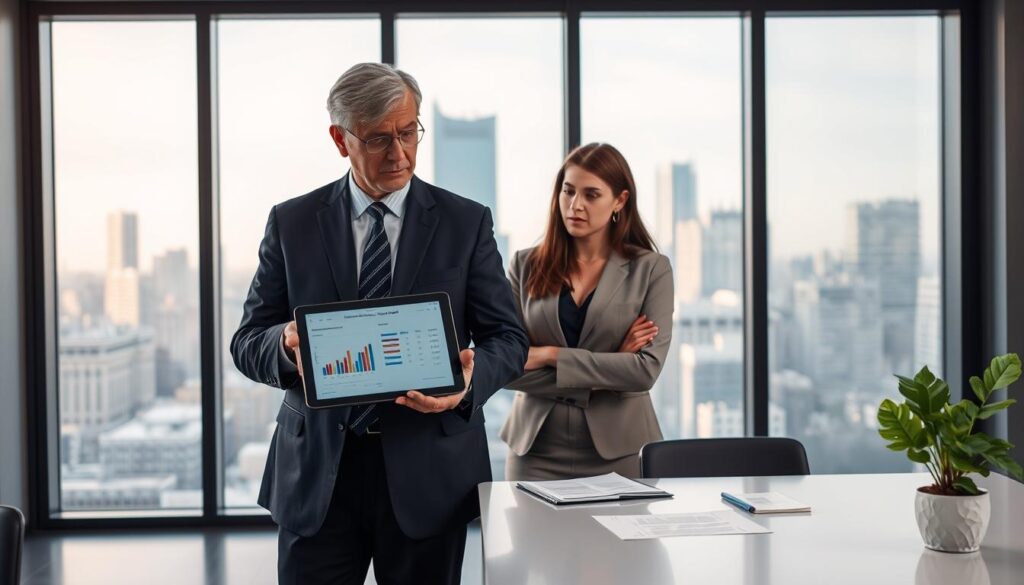 A professional scene depicting a lawyer and a client in a modern office setting, discussing insurance claims related to a recent car accident. In the foreground, the lawyer, a middle-aged man in a tailored suit, gestures thoughtfully while pointing at a digital tablet displaying charts and data about compensation claims. The client, a young woman in business casual attire, listens intently, looking concerned yet hopeful. The middle ground features a sleek desk with legal documents and a plant, hinting at the meticulousness required in handling compensation claims. In the background, a large window reveals a cityscape, subtly illuminated by soft natural light, creating an atmosphere of hope and professionalism. The overall mood is serious and focused, emphasizing the importance of understanding legal rights in the wake of an accident.