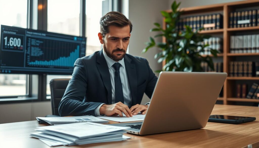 A professional scene featuring a modern office setting with a well-dressed legal advisor sitting at a conference table, focused intently on paperwork and digital screens displaying graphs and insurance documents. In the foreground, a stack of various insurance claims forms and a laptop with financial data open. The middle ground showcases a large window letting in soft, natural light, illuminating the advisor’s features. In the background, shelves filled with legal books and a thriving indoor plant create a welcoming atmosphere. The image conveys a mood of professionalism and expertise. The use of a slightly angled perspective gives a dynamic feel, emphasizing the advisor’s determination to assist with the compensation issue.