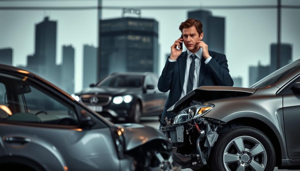 A professional setting depicting a car accident scene, emphasizing the aftermath and the process of claiming compensation. In the foreground, a meticulously detailed and slightly crumpled car with visible damage, positioned to indicate a recent collision. In the middle of the scene, a distraught yet composed individual in business attire is on the phone, looking concerned but focused, representing the emotional toll and the need for adequate compensation. The background features blurred outlines of office buildings, symbolizing the bureaucratic aspect of insurance claims. Soft diffused lighting enhances the mood of contemplation and urgency, suggesting the seriousness of avoiding pitfalls during the claims process. The image should be well-composed, with a balanced focus on the characters and the environment.