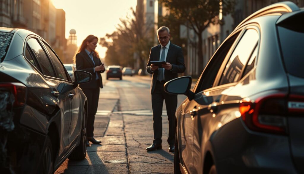 A somber scene depicting a damaged vehicle parked on the side of the road after a collision, highlighting the aftermath of an accident. In the foreground, a concerned individual in professional attire examines the vehicle’s exterior, revealing dents and broken glass. In the middle ground, an insurance agent, also in business attire, is taking notes and discussing the situation with the individual, emphasizing a sense of support and resolution. The background shows a city street with soft, natural lighting during early evening, casting long shadows and creating a reflective mood. The angle of view is slightly elevated, capturing both the individuals and the damaged vehicle in detail, evoking feelings of urgency and the need for justice regarding compensation rights.