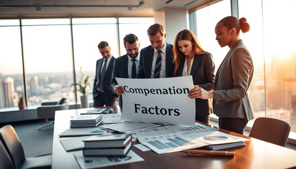 A visual representation of the factors influencing the amount of compensation, portrayed in a professional setting. In the foreground, a diverse group of three professionals—two men and one woman—are engaged in a discussion over a document titled "Compensation Factors." They are dressed in business attire. In the middle ground, a large office table is scattered with charts, graphs, and legal documents, indicating analytics and assessments. The background features a sleek modern office with large windows letting in warm, natural light, creating an inviting atmosphere. Soft shadows and highlights emphasize the seriousness of the matter, while a distant cityscape hints at urban context. The overall mood is focused and analytical, illustrating the importance of understanding compensation dynamics in a corporate environment.