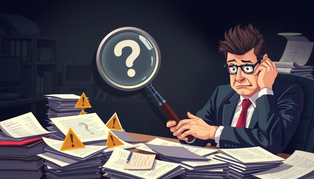 A visually striking illustration depicting the concept of "traps in claiming insurance compensation". In the foreground, a frustrated individual in professional business attire sits at a cluttered desk, surrounded by stacks of paperwork and insurance forms, with a perplexed expression. In the middle ground, a large magnifying glass hovers over a series of hidden pitfalls, represented by warning symbols like question marks and exclamation points, subtly blending into the papers. The background features a shadowy, oppressive office environment with dim lighting, emphasizing the feeling of confusion and entrapment. The overall mood is tense and urgent, drawing the viewer into the scenario of navigating through complex insurance claims. Use soft, natural lighting to highlight the subject's expression and create depth in the scene. A visually striking illustration depicting the concept of "traps in claiming insurance compensation". In the foreground, a frustrated individual in professional business attire sits at a cluttered desk, surrounded by stacks of paperwork and insurance forms, with a perplexed expression. In the middle ground, a large magnifying glass hovers over a series of hidden pitfalls, represented by warning symbols like question marks and exclamation points, subtly blending into the papers. The background features a shadowy, oppressive office environment with dim lighting, emphasizing the feeling of confusion and entrapment. The overall mood is tense and urgent, drawing the viewer into the scenario of navigating through complex insurance claims. Use soft, natural lighting to highlight the subject's expression and create depth in the scene.
