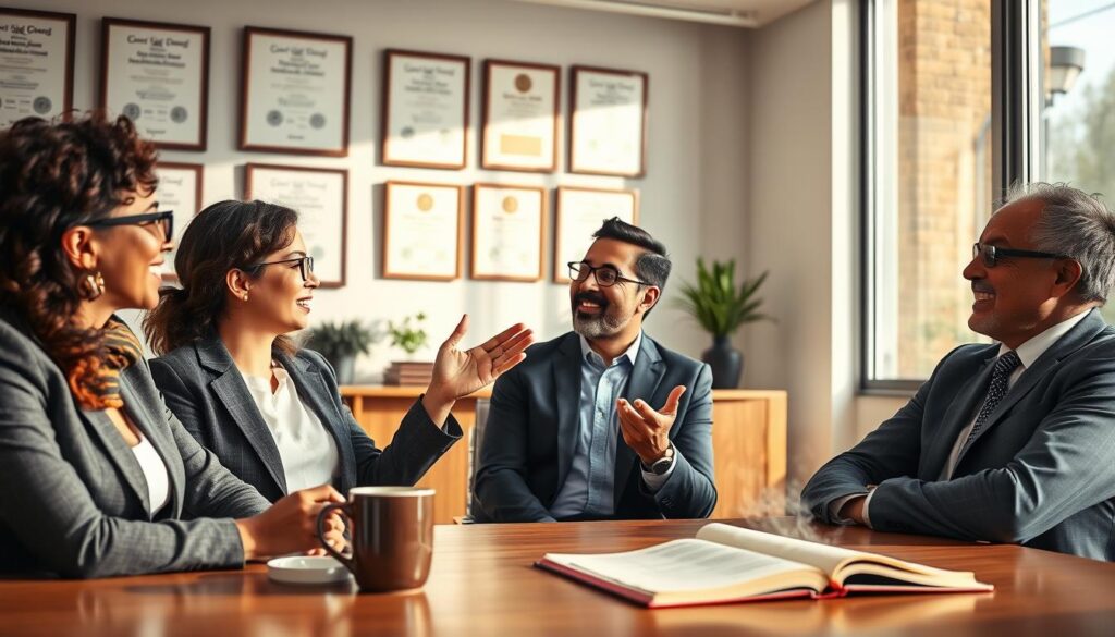 A warm, engaging office environment with a diverse group of three customers seated around a conference table. One is gesturing enthusiastically while sharing a positive experience, while the other two listen intently, showing appreciation. Natural light floods the room through large windows, creating a bright, inviting atmosphere. In the background, a wall showcases framed certificates and awards, emphasizing success and professionalism. The foreground features a steaming coffee cup and an open notebook, symbolizing discussion and collaboration. The subjects are dressed in professional business attire, conveying a polished and confident demeanor. The overall mood is uplifting and inspirational, highlighting client satisfaction and successful outcomes. Capture this scene from a slightly elevated angle to give a comprehensive view of the interaction.