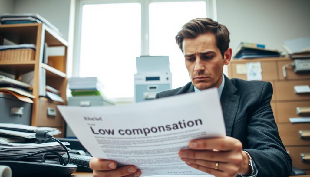 A worried individual seated at a cluttered desk, looking at a letter from an insurance company with disappointment. The foreground features a close-up of the letter, highlighting the words "low compensation" in a subtle way. In the middle, the person, dressed in professional business attire, has a furrowed brow, indicating frustration and concern. The background shows an office environment with filing cabinets and insurance brochures, subtly reinforcing the theme of insurance claims. Soft natural light filters in through a window, creating a contemplative mood. The angle is slightly above eye level, providing a perspective that enhances the emotional intensity of the scene, emphasizing the struggle against bureaucracy. A worried individual seated at a cluttered desk, looking at a letter from an insurance company with disappointment. The foreground features a close-up of the letter, highlighting the words "low compensation" in a subtle way. In the middle, the person, dressed in professional business attire, has a furrowed brow, indicating frustration and concern. The background shows an office environment with filing cabinets and insurance brochures, subtly reinforcing the theme of insurance claims. Soft natural light filters in through a window, creating a contemplative mood. The angle is slightly above eye level, providing a perspective that enhances the emotional intensity of the scene, emphasizing the struggle against bureaucracy.