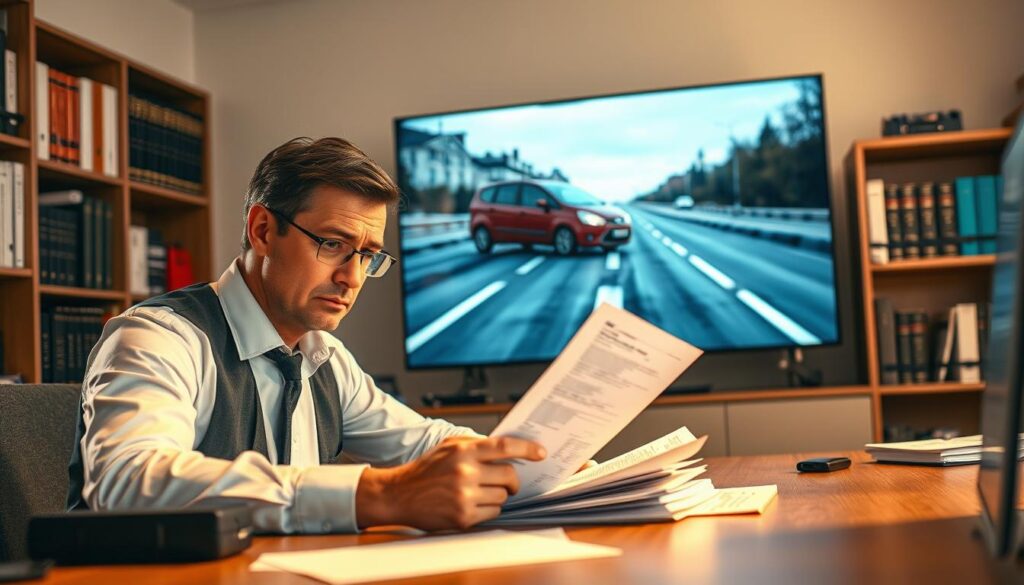 An office environment focused on the theme of "odszkodowanie komunikacyjne," with a foreground showing a concerned professional in business attire reviewing accident-related documents at a desk, illuminated by warm, natural light from a nearby window. In the middle, a large graphic of a road accident depicted on a digital screen behind them, highlighting the impact of insurance claims. The background features shelves lined with books about law and insurance, creating a sense of professionalism. The overall mood is serious and contemplative, reflecting the weight of financial consequences after a car accident. The camera angle is slightly elevated, capturing the office atmosphere while emphasizing the urgency of understanding diminished compensation. An office environment focused on the theme of "odszkodowanie komunikacyjne," with a foreground showing a concerned professional in business attire reviewing accident-related documents at a desk, illuminated by warm, natural light from a nearby window. In the middle, a large graphic of a road accident depicted on a digital screen behind them, highlighting the impact of insurance claims. The background features shelves lined with books about law and insurance, creating a sense of professionalism. The overall mood is serious and contemplative, reflecting the weight of financial consequences after a car accident. The camera angle is slightly elevated, capturing the office atmosphere while emphasizing the urgency of understanding diminished compensation.