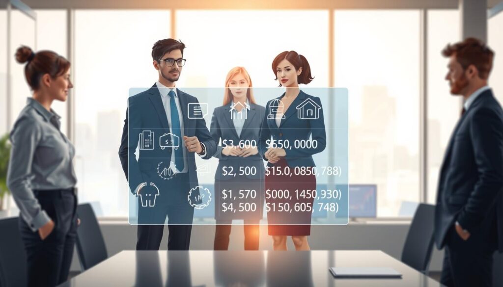 A conceptual illustration depicting the impact of insurance type on claim amounts. In the foreground, a diverse group of three professionals in formal business attire (a man, a woman, and a non-binary individual) stand around a large, transparent digital display showing various insurance icons and claim amounts. In the middle ground, an office setting with modern decor, including a conference table and graphs projected on screens. In the background, soft-focus silhouettes of city buildings through a large window suggest an urban atmosphere. Utilize bright, natural lighting coming from the window to create a sense of optimism. The overall mood should convey professionalism and collaboration, reflecting a serious yet constructive discussion about insurance impacts.