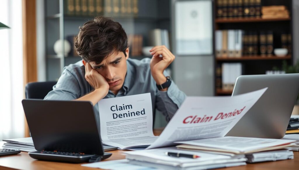 A concerned insurance policyholder sitting at a desk surrounded by paperwork and a laptop, looking frustrated as they review a document labeled "Claim Denied" with a calculator nearby. In the foreground, a focused expression showcases their determination to challenge the low compensation offered. The middle ground features stacks of paperwork, including insurance documents and a pen, symbolizing the bureaucratic process. In the background, a faint image of an office with shelves filled with books on finance and law, under soft, ambient lighting that suggests a serious atmosphere. The scene conveys tension and a sense of urgency, emphasizing the importance of taking action after a compensation dispute.