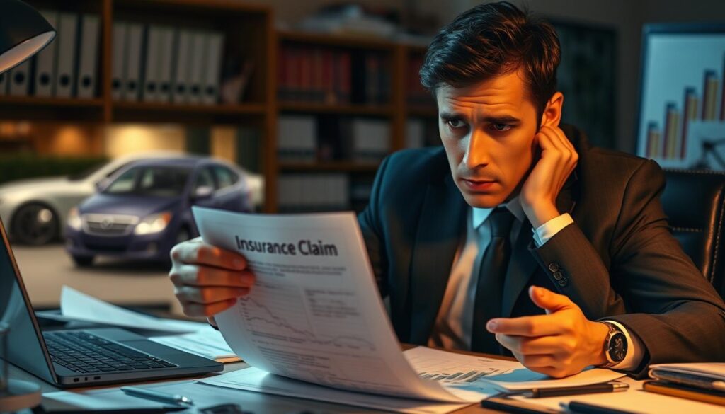 A concerned person in professional business attire, sitting at a desk cluttered with paperwork, analyzing a document labeled "Insurance Claim" under dim lighting. The foreground features the individual with a worried expression, reflecting frustration over a low compensation figure, with a calculator and a laptop displaying graphs in the background. In the middle ground, a blurred image of a car accident scene evokes the context of an insurance claim, while an office environment with shelves of insurance books fills the background. Soft, warm lighting creates an atmosphere of tension and seriousness, emphasizing the emotional burden of navigating inadequate compensation after an accident. The entire scene is framed from a slightly elevated angle, capturing both the subject's emotion and the complexity of the situation.