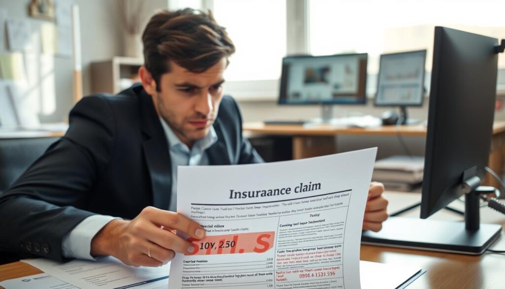 A concerned person sitting at a desk, reviewing an insurance claim document with a furrowed brow. In the foreground, a close-up of the document reveals lower compensation figures marked in red, highlighting a feeling of frustration. The middle ground shows an office setting with papers scattered around and a computer displaying charts. The background features a window with soft, natural light streaming in, casting gentle shadows in the room. The atmosphere conveys tension and disappointment, emphasizing the theme of unfair treatment. A professional, business-like demeanor is present, with the person wearing smart casual attire. The scene captures a moment of reflection on rights and recourse in dealing with insurance claims.