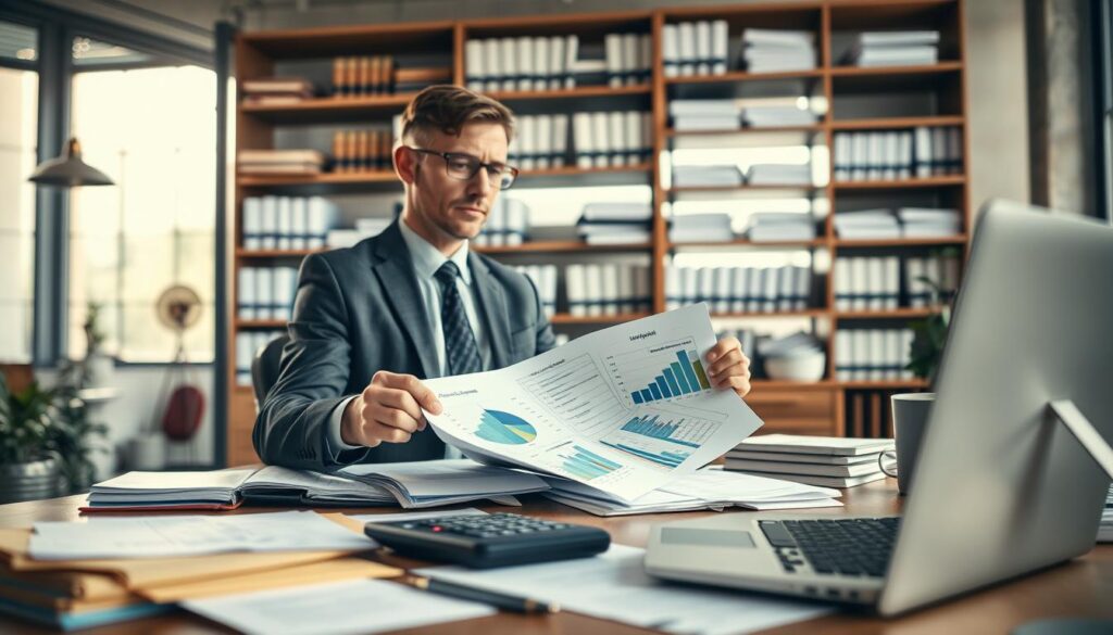 A detailed office scene focusing on the concept of compensation costs. In the foreground, a business person in professional attire is reviewing documents with charts and graphs indicating various costs associated with a claim. The middle ground features a desk cluttered with paperwork, a calculator, and a sleek laptop displaying financial data. In the background, there are shelves filled with legal books and insurance contracts, bathed in soft, natural light filtering through a large window. The atmosphere is serious yet hopeful, reflecting the navigation through financial intricacies. The overall composition is balanced, with a slight depth of field to emphasize the subject in the foreground.