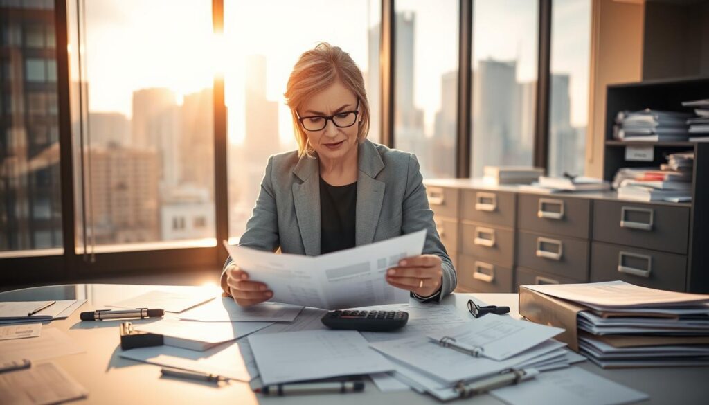 A detailed scene depicting the process of calculating insurance compensation. In the foreground, a professional, middle-aged woman in smart business attire examines a document with calculations, sitting at a sleek, modern desk cluttered with papers and a calculator. The middle ground shows a large window with natural sunlight streaming in, illuminating a cityscape outside, enhancing the atmosphere of a bustling financial district. In the background, an open file cabinet filled with insurance claim files adds context. The lighting is warm and inviting, creating a focused and serious mood. The composition should capture the essence of professionalism and the complexity of calculating insurance compensation, without any text or distractions.