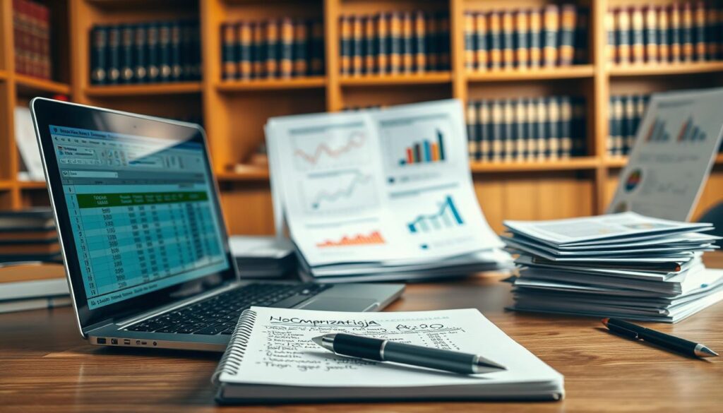 A detailed workspace scene illustrating "Dokumentacja odszkodowania." In the foreground, an organized desk with neatly stacked files and a laptop open to a spreadsheet displaying compensation figures. Beside it, a notepad filled with handwritten notes and a pen, emphasizing a meticulous review process. In the middle ground, blurred documents displaying graphs and charts about insurance claims, suggesting active analysis. Behind, a well-lit office environment with wooden shelves lined with books about insurance law, creating an atmosphere of professionalism and diligence. The lighting is soft and warm, highlighting the importance of thorough documentation. The image captures a serious, focused mood, essential for effective verification of motor insurance claims.