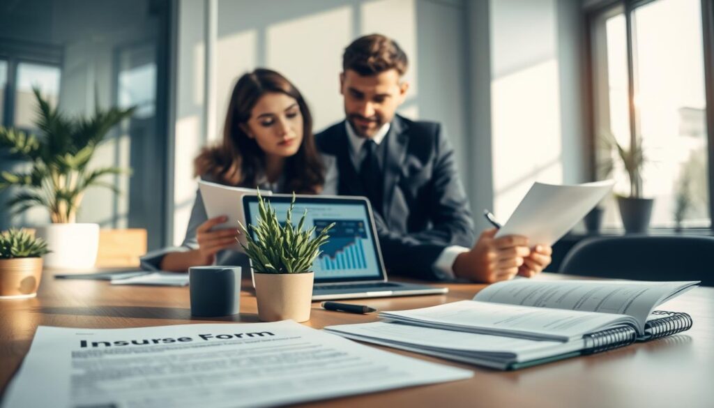 A modern office environment featuring a professional businesswoman and businessman engaged in a discussion about insurance claims. The woman is reviewing paperwork, while the man is attentively listening, taking notes with a pen. The foreground shows a close-up of the documents with phrases like "claim form" and "insurance" visible. In the middle ground, the two professionals are seated at a sleek wooden table, surrounded by potted plants and a laptop displaying charts and graphs related to insurance payouts. The background includes a large window letting in natural light, casting soft shadows that enhance the atmosphere of focus and collaboration. The overall mood conveys professionalism and determination, ideal for a detailed analysis of insurance claim disputes.