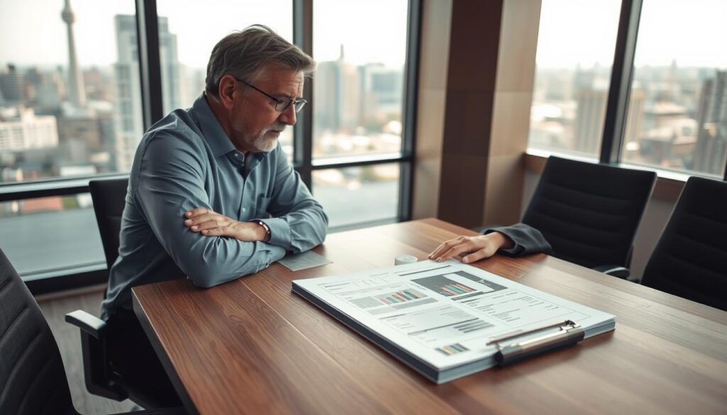 A professional and collaborative scene depicting an insurance adjuster discussing with a client in a modern office setting. In the foreground, the client, a middle-aged person dressed in smart casual attire, listens intently while seated at a sleek wooden table. The adjuster, a professional in business attire, gestures towards a detailed accident report on the table. In the middle background, a large window showcases a cityscape, allowing natural light to illuminate the space warmly. The atmosphere is one of trust and expertise, with a calm color palette of blues and grays. The lens captures the scene from a slight angle, emphasizing the interaction between the two figures while ensuring clarity and focus on their expressions.