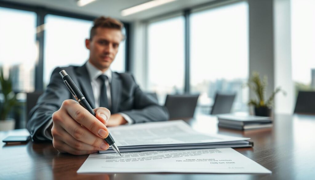 A professional and modern office scene depicting a business table with a contract and a pen placed on it, symbolizing the concept of contract annulment regarding a compensation claim. In the foreground, emphasize a hand holding the pen, poised to sign or annotate the document. In the middle ground, include a blurred figure of a business person in professional attire, looking contemplative while reviewing the contract. The background should feature a sleek, contemporary office environment with large windows allowing natural light to flood in, giving a sense of clarity and seriousness. The atmosphere should be focused and determined, illustrating the implications of challenging a low compensation claim. Shot from a slightly elevated angle to capture both the document and the thoughtful expression of the individual.