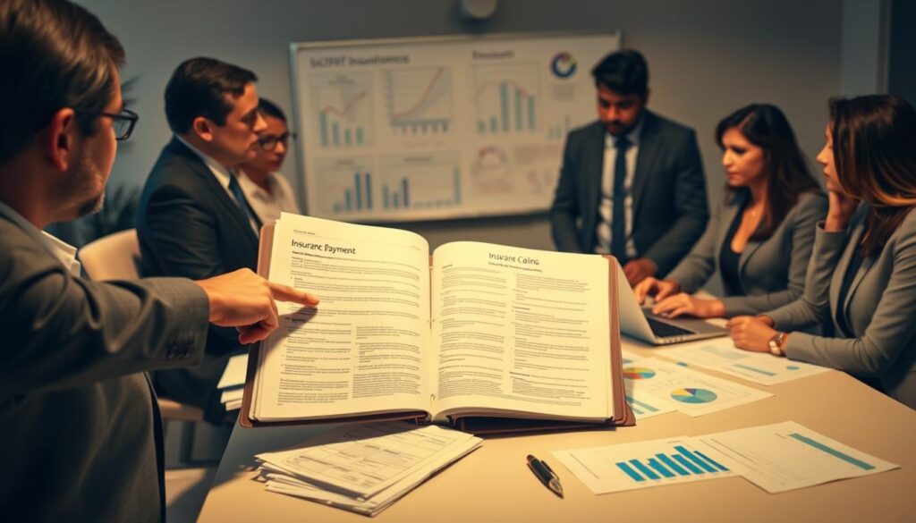 A professional business environment depicting a group of diverse individuals engaged in a serious discussion about insurance claims. In the foreground, a person in business attire is pointing at a large, open binder filled with documents, highlighting a case of underpayment. The middle ground features a table with laptops, charts, and spreadsheets, indicating detailed financial analysis. In the background, a whiteboard is filled with graphs and notes related to insurance payouts. Soft, focused lighting enhances the seriousness of the discussion, while a slight blur on the background elements emphasizes the foreground activity. The atmosphere is intense and focused, reflecting the urgency of analyzing cases of reduced compensation. A professional business environment depicting a group of diverse individuals engaged in a serious discussion about insurance claims. In the foreground, a person in business attire is pointing at a large, open binder filled with documents, highlighting a case of underpayment. The middle ground features a table with laptops, charts, and spreadsheets, indicating detailed financial analysis. In the background, a whiteboard is filled with graphs and notes related to insurance payouts. Soft, focused lighting enhances the seriousness of the discussion, while a slight blur on the background elements emphasizes the foreground activity. The atmosphere is intense and focused, reflecting the urgency of analyzing cases of reduced compensation.