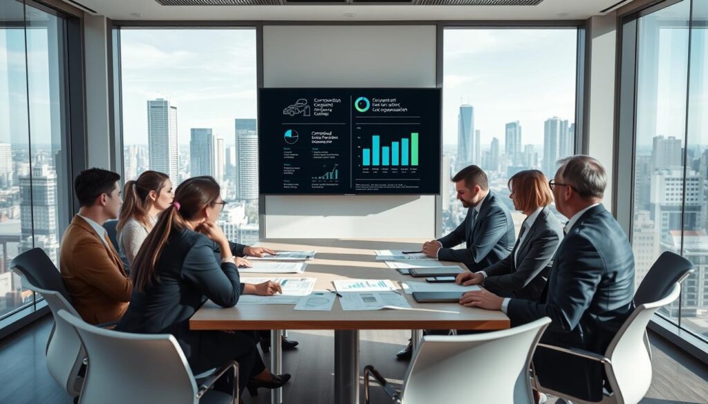 A professional business meeting scene set in a modern office environment. In the foreground, a diverse group of professionals in business attire engaged in serious discussion around a conference table, with documents, charts, and graphs representing compensation claims spread out. In the middle, a large wall screen displays visuals of accident statistics and common reasons for reduced compensation. The background showcases a view of a city skyline through floor-to-ceiling windows, illuminated by natural light, giving a clear and bright atmosphere. The mood conveys professionalism and focus, emphasizing the importance of understanding the reasons for diminished compensation claims after vehicle accidents. The angle should be slightly elevated to capture the dynamics of the conversation and the office setting.