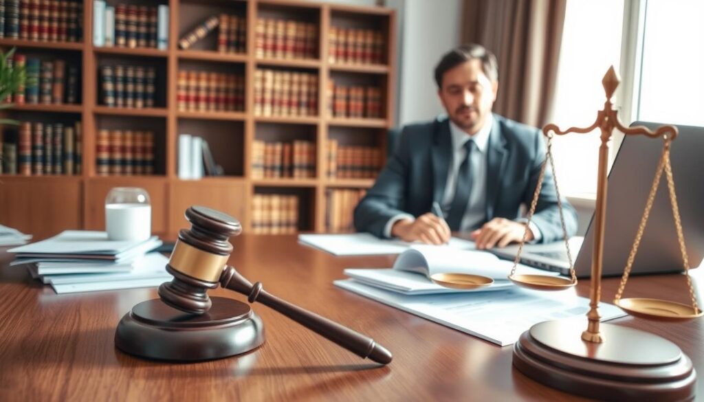 A professional consultation space dedicated to legal assistance, featuring a lawyer in a tailored business suit, seated at a sleek wooden desk cluttered with legal documents and a laptop. The foreground includes a close-up of a gavel and scales of justice, symbolizing law and fairness. In the middle section, soft, natural light from a window casts gentle shadows, enhancing the serious yet welcoming atmosphere. A bookshelf filled with law books lines the back wall, hinting at a wealth of legal knowledge. The entire scene conveys a mood of professionalism, trust, and support, ideal for seeking help with under-compensated insurance claims. A professional consultation space dedicated to legal assistance, featuring a lawyer in a tailored business suit, seated at a sleek wooden desk cluttered with legal documents and a laptop. The foreground includes a close-up of a gavel and scales of justice, symbolizing law and fairness. In the middle section, soft, natural light from a window casts gentle shadows, enhancing the serious yet welcoming atmosphere. A bookshelf filled with law books lines the back wall, hinting at a wealth of legal knowledge. The entire scene conveys a mood of professionalism, trust, and support, ideal for seeking help with under-compensated insurance claims.