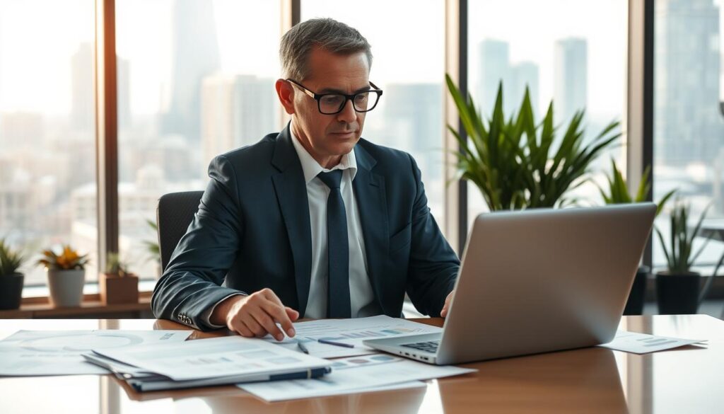 A professional independent advisor in an office setting, seated at a modern desk filled with charts and reports. He is focused, analyzing data on a laptop open in front of him. The advisor is a middle-aged man wearing a tailored navy suit and glasses, conveying expertise and trust. The background features a large window with a city skyline, letting in soft, natural light that creates a warm atmosphere. The office décor is sleek and minimalist, with potted plants adding a touch of color. The overall mood is one of professionalism and reliability, reflecting the critical role of MOTOEXPERT in assessing insurance claims. Use a slightly elevated angle to capture the advisor's concentration and the organized workspace.