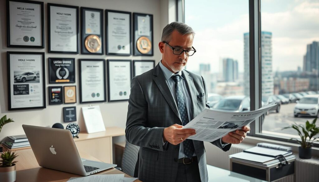 A professional insurance adjuster, known as 'rzeczoznawca', standing in a well-lit office environment, composed of a modern desk with a laptop and various assessment tools. In the foreground, the adjuster, a middle-aged individual in a tailored suit, examines detailed vehicle damage reports with a focused expression. The middle ground features a wall of framed certifications and various awards, indicating expertise in vehicle valuation. The background includes a large window showing a cityscape, allowing natural light to illuminate the scene. The atmosphere is serious yet optimistic, capturing the essence of professionalism and dedication in the claims process. The image is shot from a slight angle to enhance the depth, with soft lighting to create a welcoming yet authoritative mood.