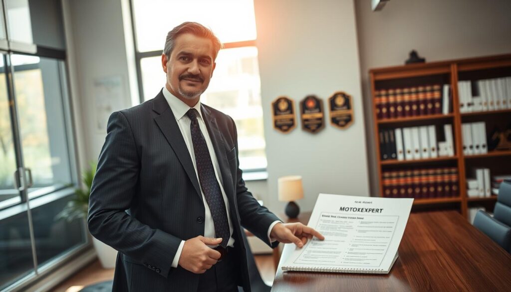 A professional insurance consultant from MOTOEXPERT, dressed in a smart business suit, stands confidently in an office environment. In the foreground, the consultant is engaged in a discussion, pointing at documents on a table that outlines claims and compensation processes. In the middle ground, a large window allows natural light to illuminate the space, highlighting a few insurance-related awards on the wall. In the background, a bookshelf filled with legal texts and insurance manuals adds depth to the scene. The atmosphere is serious yet approachable, conveying a sense of trust and expertise. The lighting is bright and inviting, with a focus on clarity and professionalism, using a slightly warm color palette to create an inviting tone.