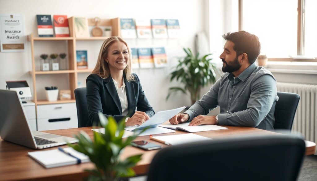 A professional insurance consultation scene featuring a friendly insurance expert seated at a modern desk, surrounded by documents and a laptop. The expert, a Caucasian woman in a smart business suit, engages in conversation with a client, a Hispanic man in a casual yet neat shirt. The foreground includes a close-up of their focused expressions, conveying a sense of trust and professionalism. In the middle ground, office accessories like a notepad and a potted plant add warmth. The background shows a well-lit office with shelves of insurance brochures and awards, creating a confident atmosphere. Soft, natural lighting from a window emphasizes the inviting mood, captured at a slight angle to enhance depth. A professional insurance consultation scene featuring a friendly insurance expert seated at a modern desk, surrounded by documents and a laptop. The expert, a Caucasian woman in a smart business suit, engages in conversation with a client, a Hispanic man in a casual yet neat shirt. The foreground includes a close-up of their focused expressions, conveying a sense of trust and professionalism. In the middle ground, office accessories like a notepad and a potted plant add warmth. The background shows a well-lit office with shelves of insurance brochures and awards, creating a confident atmosphere. Soft, natural lighting from a window emphasizes the inviting mood, captured at a slight angle to enhance depth.