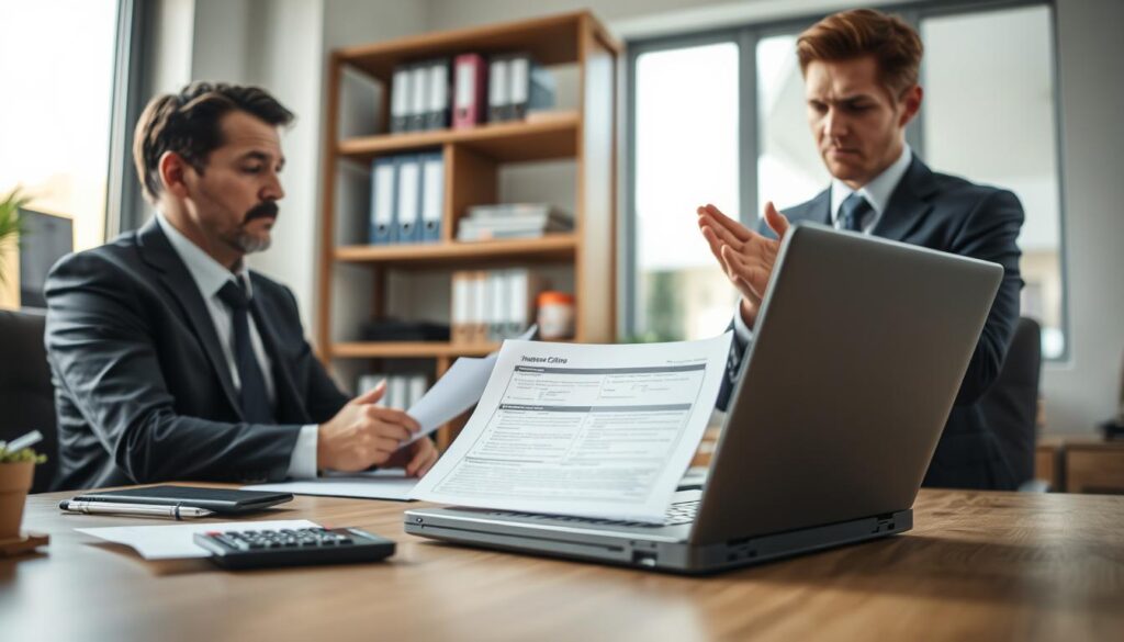 A professional insurance office setting with a detailed desk in the foreground, featuring an open laptop displaying a claim form and a calculator. In the middle, a serious-looking insurance adjuster in business attire reviews documents, while a worried client, also dressed in professional clothing, gestures towards the adjuster, expressing concern. The background shows shelves with binders and insurance books, hinting at legal documentation. Soft, natural light filters through a large window, creating a calm yet tense atmosphere. The angle of the shot is slightly above eye level, focusing on the interaction, conveying a sense of urgency and the importance of timely claims. The color palette is neutral with hints of blue for professionalism.