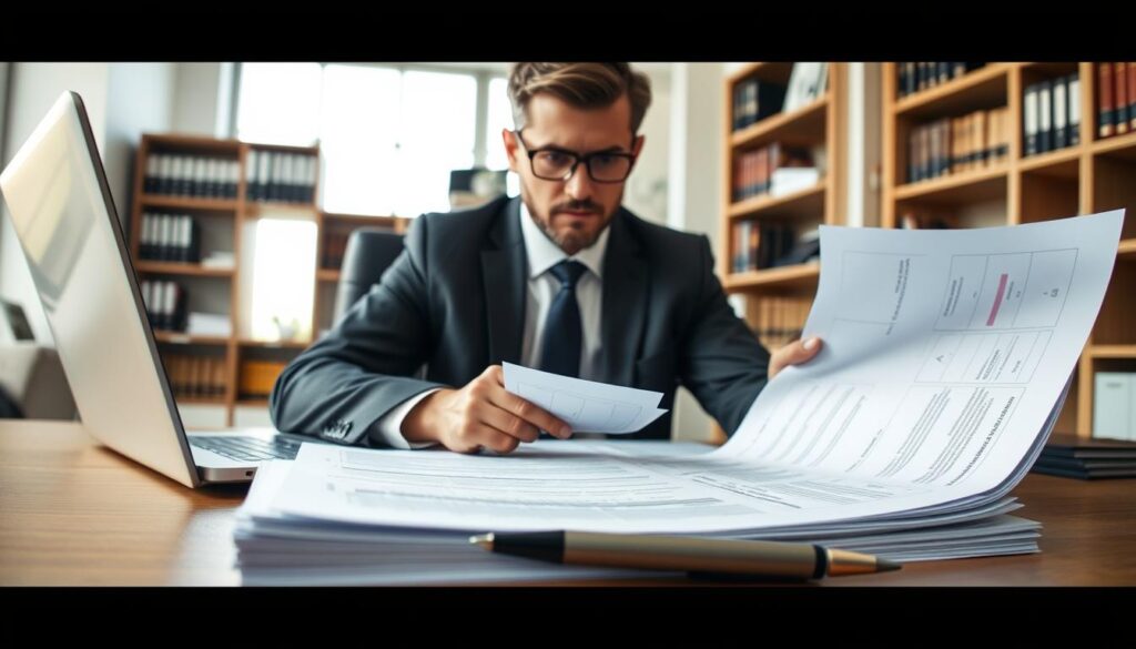 A professional lawyer in business attire, seated at a modern office desk with a laptop open, reviewing insurance claims documents. The foreground features a close-up of the lawyer's focused expression as they analyze papers. In the middle ground, a stack of insurance forms and a pen are neatly arranged, emphasizing the theme of diligence and clarity. The background showcases a bright, well-organized office with bookshelves filled with legal literature and a window allowing soft, natural light to illuminate the scene. The mood is serious yet hopeful, reflecting the determination to seek justice and fair compensation. The lighting is warm, creating a sense of professionalism and trustworthiness, shot at eye level to engage the viewer.