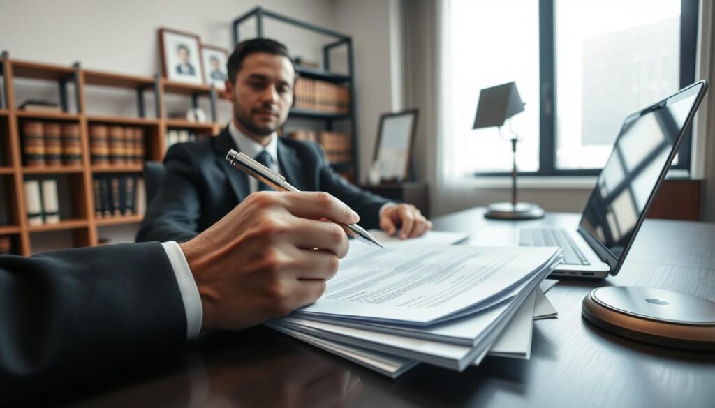 A professional lawyer sitting at a desk in a modern office, reviewing a stack of legal documents related to an insurance claim dispute. The foreground features a close-up of the lawyer's hands holding a pen, poised over a contract, with a laptop displaying legal software open nearby. In the middle ground, the office has shelves of legal books and a framed certificate on the wall, emphasizing the depth of the profession. The background captures a large window with natural light pouring in, creating a warm and focused atmosphere. The mood is serious yet hopeful, reflecting the preparation for a potential court battle. Use soft, diffused lighting to enhance clarity and professionalism, aiming for a slightly elevated angle to capture the scene's depth.
