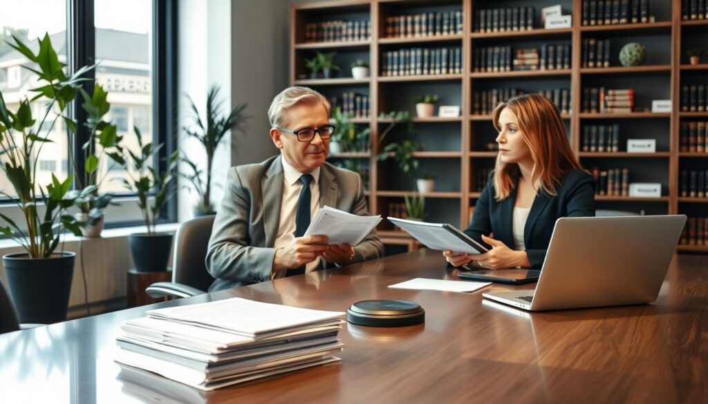 A professional legal consultation scene focused on compensation claims, featuring a well-dressed legal expert and a client sitting at a sleek modern conference table. The foreground highlights a thoughtfully arranged stack of legal documents and a laptop, suggesting preparation for the discussion. In the middle, the legal expert, a middle-aged person with glasses, explains details to the attentive client, who appears engaged and taking notes. The background shows a softly lit office with bookshelves filled with law books, potted plants, and a large window letting in natural light, creating an inviting atmosphere. The overall mood conveys seriousness and professionalism, illuminating the importance of preparation for a legal consultation.