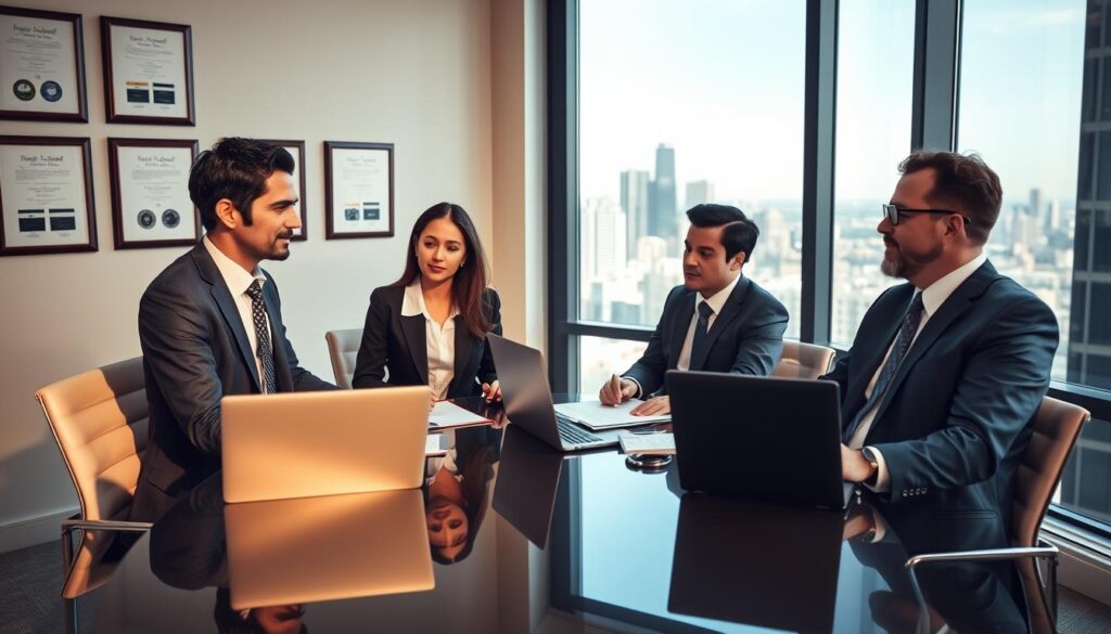 A professional legal consultation scene set in a modern office environment. In the foreground, a diverse group of three individuals – a male lawyer in a sharp suit, a female client in smart casual attire, and a male insurance adjuster in business formal wear – are engaged in a focused discussion at a sleek conference table with legal documents and laptops open in front of them. In the middle ground, framed law certificates hang on the walls, and a large window reveals a bright urban skyline, enhancing the atmosphere of professionalism and insight. The lighting is warm and inviting, with soft shadows to create a sense of depth. The mood is serious yet approachable, reflecting the importance of legal consultation in navigating insurance claims.