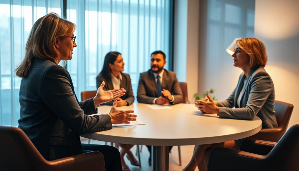 A professional mediation scene set in a modern conference room, where two parties are engaged in a mediation process over compensation disputes. In the foreground, show a mediator, a middle-aged woman in a business suit, sitting at a round table, facilitating the discussion with open body language. In the middle, two concerned individuals in professional attire, a man and a woman, are expressing their views while looking at each other attentively. The background features a large window with natural light pouring in, creating an inviting atmosphere. Soft, warm lighting enhances the professional yet calm mood of the scene, suggesting a constructive dialogue. The angle should capture the round table dynamics, emphasizing communication and resolution.