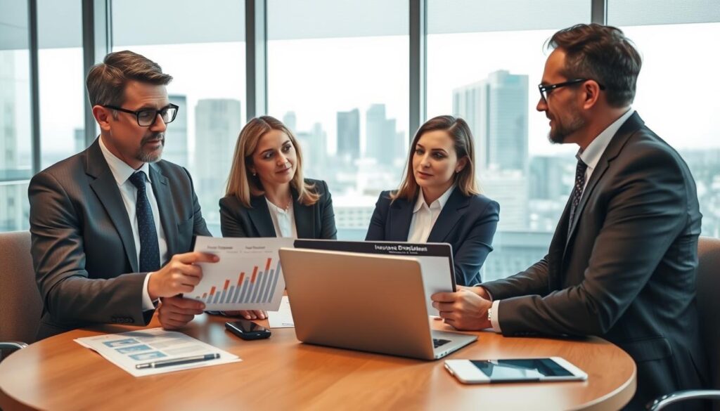 A professional meeting room with a round table at the center, where a diverse group of insurance experts are engaged in a discussion. The foreground features a confident, moderately aged male representative in a business suit, analyzing documents while pointing at a chart showing insurance compensation statistics. In the middle, a female expert, also in a business suit, discusses strategy with another colleague, while a laptop showcases a graph highlighting the role of the insurance ombudsman. The background consists of a large window displaying a city skyline, letting in soft, natural light that creates an atmosphere of focus and collaboration. The overall mood is serious yet optimistic, reflecting a constructive dialogue on insurance rights. A professional meeting room with a round table at the center, where a diverse group of insurance experts are engaged in a discussion. The foreground features a confident, moderately aged male representative in a business suit, analyzing documents while pointing at a chart showing insurance compensation statistics. In the middle, a female expert, also in a business suit, discusses strategy with another colleague, while a laptop showcases a graph highlighting the role of the insurance ombudsman. The background consists of a large window displaying a city skyline, letting in soft, natural light that creates an atmosphere of focus and collaboration. The overall mood is serious yet optimistic, reflecting a constructive dialogue on insurance rights.