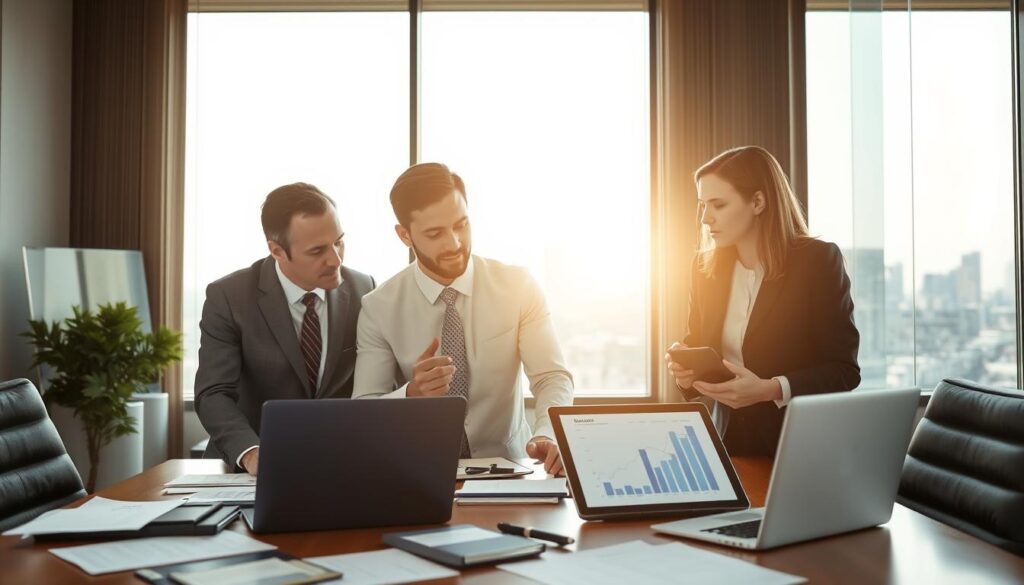 A professional, modern office setting with a focus on a business meeting about insurance claims after an accident. In the foreground, a diverse group of three professionals in business attire—two men and one woman—are discussing over a table filled with documents, laptops, and a tablet displaying graphs. The middle of the image features a large window with sunlight streaming in, creating a warm, inviting atmosphere. Behind them, a cityscape can be seen, connecting the office environment to the broader world outside, symbolizing the theme of achieving justice and proper compensation. The lighting is bright yet soft, enhancing the professional vibe. The scene conveys collaboration, expertise, and determination in the context of verifying undersized insurance compensation.