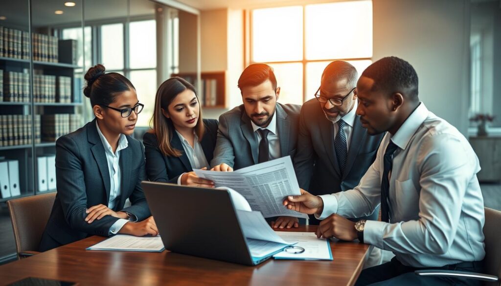 A professional negotiating scene focused on "compensation negotiations" in an insurance context. Foreground: a diverse group of three business professionals in smart attire, gathered around a table with documents and a laptop open, discussing and pointing at a detailed insurance report. Middle: a subtle, tense atmosphere with facial expressions showing determination and focus. Background: a modern office space with glass walls, shelves with legal books, and a large window letting in warm, natural light, casting soft shadows. The overall mood is serious yet constructive, emphasizing the importance of negotiation in ensuring fair compensation. Use a wide-angle lens to capture the dynamics of the interaction, highlighting the contrast between the individuals and the professional setting.