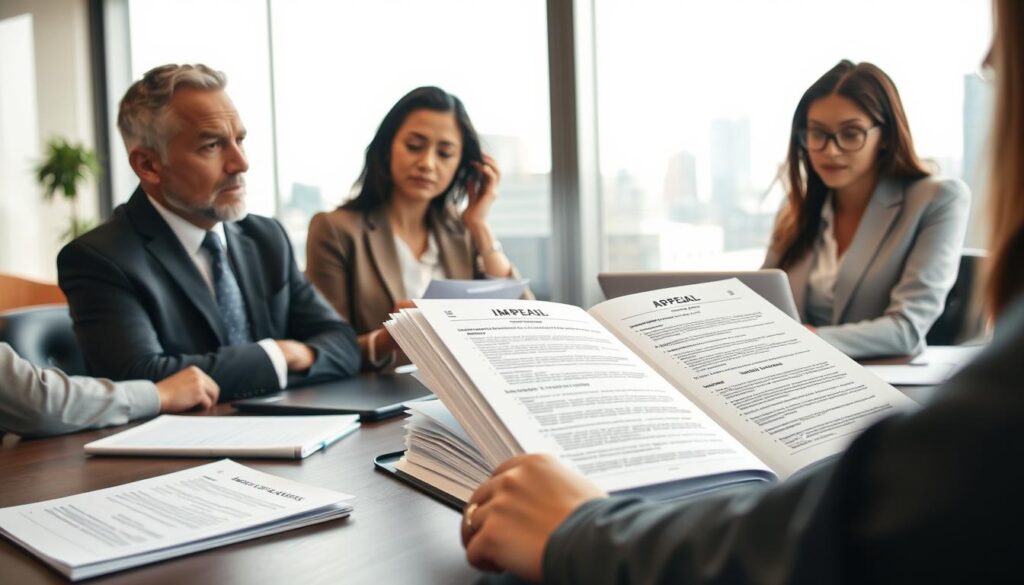 A professional office environment depicting a serious and organized meeting about appeal procedures. In the foreground, a diverse group of four individuals in business attire (two men and two women) are engaged in a discussion, surrounded by documents and laptops. In the middle, an open binder displaying various paperwork related to appeals and insurance claims is prominent on the table. In the background, a large window allows soft natural light to illuminate the room, with a city skyline visible outside. The mood is focused and diligent, capturing the gravity of navigating the appeal process related to incident compensation. The angle is slightly elevated, providing a comprehensive view of the meeting dynamics while maintaining a cohesive and professional atmosphere.