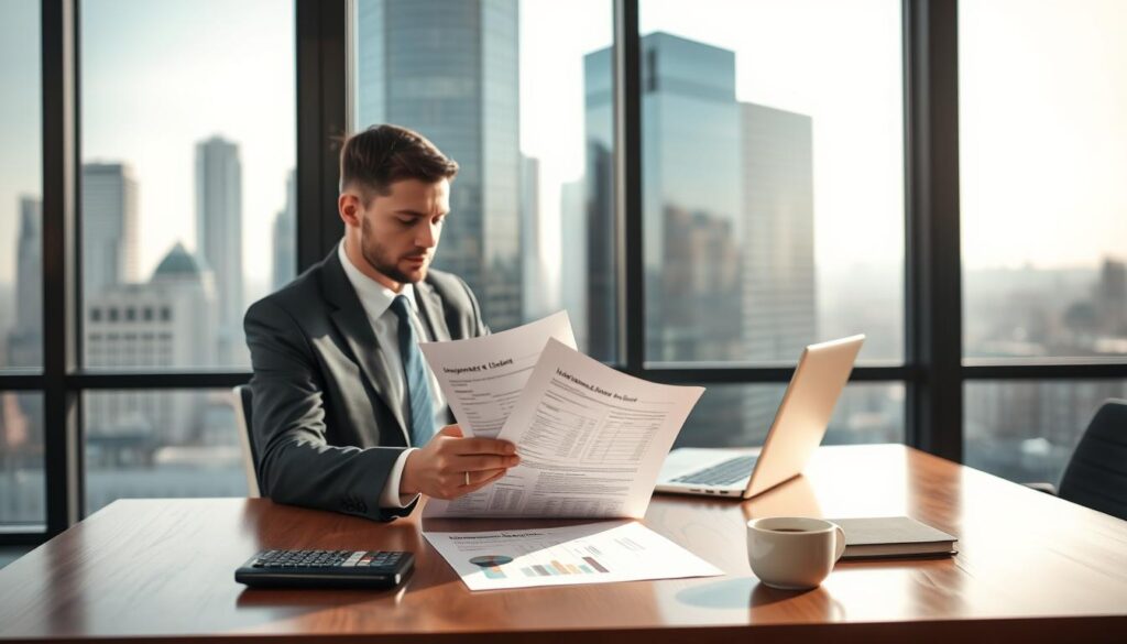 A professional office scene depicting a financial consultant analyzing a detailed insurance claim report. In the foreground, a neatly dressed consultant in a smart suit sits at a sleek wooden desk, focused on the documents, surrounded by a laptop, a calculator, and a coffee cup. The middle layer showcases a large window with soft, natural light streaming in, illuminating a modern cityscape background with skyscrapers subtly visible. The atmosphere is calm yet diligent, conveying expertise and trustworthiness. The lighting is bright, emphasizing clarity and professionalism, with a shallow depth of field to keep the consultant as the focal point. The overall mood reflects a serious and analytical approach to insurance compensation evaluation.