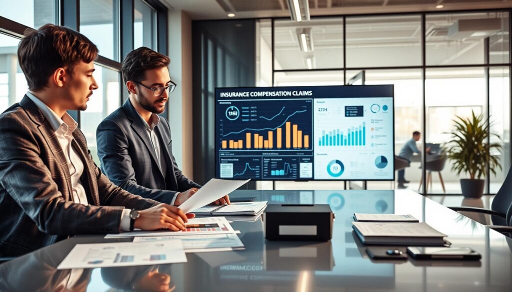 A professional office setting depicting a thoughtful analysis of insurance compensation claims. In the foreground, a diverse group of three professionals in business attire, two men and one woman, actively engaging in a detailed discussion over documents and reports on a sleek conference table. The middle layer shows a large digital screen displaying graphs and data related to compensation values, emphasizing key statistics. The background features a modern office with large windows letting in natural light, which creates a bright and transparent atmosphere, symbolizing clarity and honesty in the claims process. Use soft lighting to enhance the focus on the people and documents, conveying a mood of collaboration and determination in overcoming challenges. The perspective should be slightly elevated, capturing both the intensity of the discussion and the informative backdrop. A professional office setting depicting a thoughtful analysis of insurance compensation claims. In the foreground, a diverse group of three professionals in business attire, two men and one woman, actively engaging in a detailed discussion over documents and reports on a sleek conference table. The middle layer shows a large digital screen displaying graphs and data related to compensation values, emphasizing key statistics. The background features a modern office with large windows letting in natural light, which creates a bright and transparent atmosphere, symbolizing clarity and honesty in the claims process. Use soft lighting to enhance the focus on the people and documents, conveying a mood of collaboration and determination in overcoming challenges. The perspective should be slightly elevated, capturing both the intensity of the discussion and the informative backdrop.
