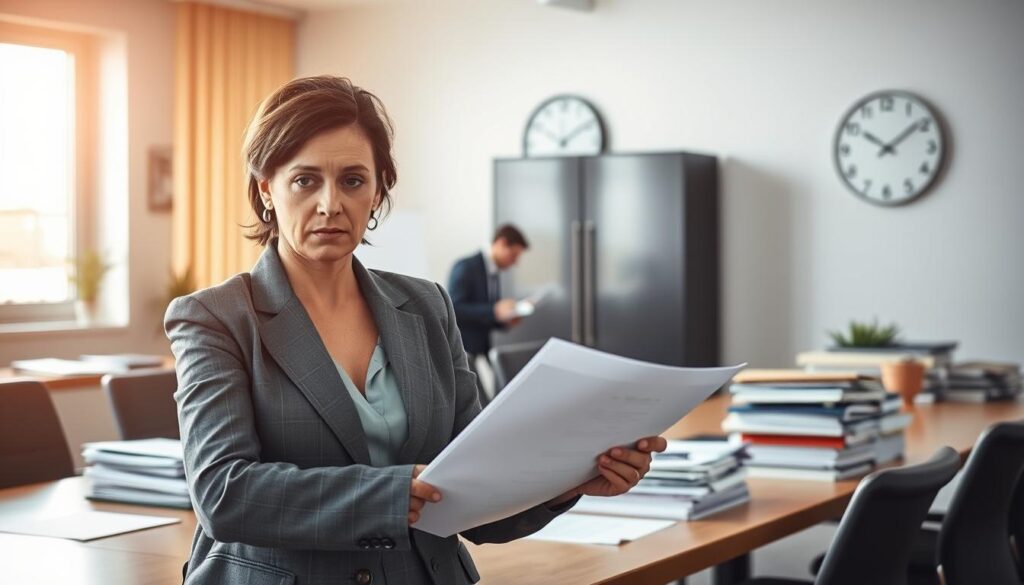 A professional office setting depicting the concept of "claims" (roszczenia) related to insurance, focusing on a dynamic meeting atmosphere. In the foreground, a person in business attire (a middle-aged woman) is reviewing documents, her expression serious and focused. The middle ground presents a large conference table with stacks of paperwork and a laptop open, emphasizing the administrative aspect of filing claims. In the background, a wall clock shows the time, representing the urgency of deadlines for submitting claims. The lighting is bright and natural, streaming in from a large window, creating a productive and optimistic ambiance. The overall mood is one of diligence and professionalism in dealing with insurance claims, capturing the essence of the topic without distractions.