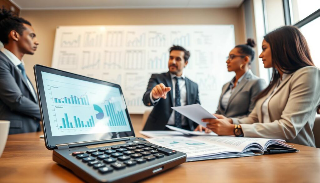 A professional office setting where a diverse group of businesspeople are engaged in a detailed discussion about cost estimation. In the foreground, a close-up of a calculator, spreadsheets, and a laptop displaying graphs, symbolizing financial analysis. In the middle ground, two professionals in business attire—one pointing at the screen while the other takes notes—exude a sense of collaboration and expertise. In the background, a large whiteboard filled with financial charts and figures, illuminated by soft, natural light streaming through a window, creates an inviting atmosphere. The mood is focused and diligent, emphasizing the importance of accurate compensation evaluation. The angle captures the scene from slightly above to provide a comprehensive view of the interaction.