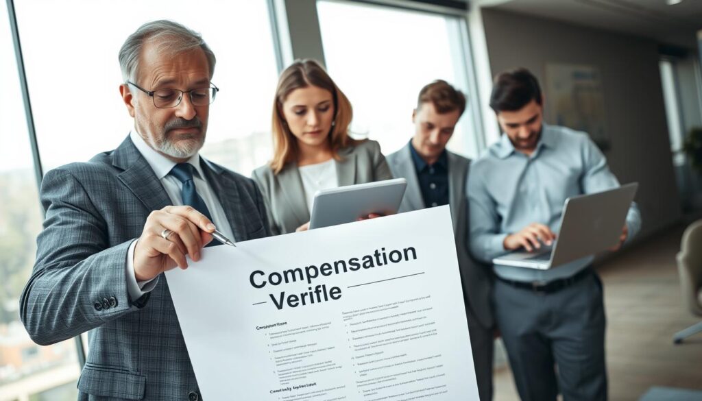 A professional office setting where a team of three individuals is reviewing a large document titled "Compensation Verification". In the foreground, a middle-aged man in business attire is holding a pen, pointing at the document with a focused expression. In the middle ground, a woman in a smart blazer is taking notes on a digital tablet, while a younger man in a neat shirt is typing on a laptop, looking thoughtful. The background features a large window with natural light streaming in, casting soft shadows. The atmosphere is serious yet collaborative, reflecting the importance of the compensation verification process after a road accident, with elements of professionalism and diligence evident in the characters' expressions and actions.