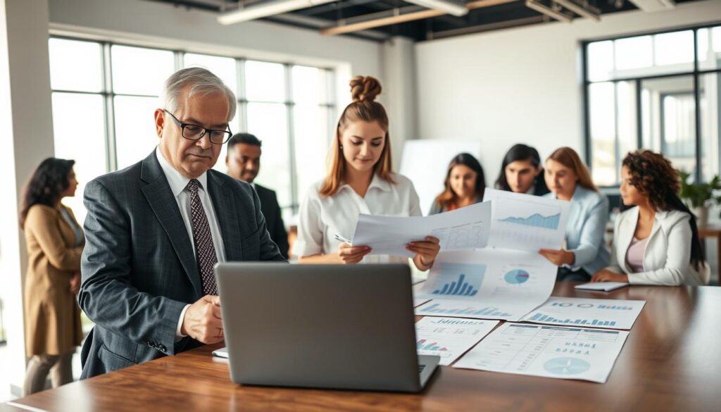 A professional setting depicting a group of diverse individuals engaged in a discussion about insurance claims and compensation analysis. In the foreground, two professionals in business attire—one of them a middle-aged man with glasses and a young woman with a notepad—are reviewing documents together, showing focused expressions. In the middle ground, a large table with charts and graphs illustrating compensation scenarios. A laptop displays statistical data. In the background, a large window with natural light filtering in, creating a bright and informative atmosphere. The mood should feel serious yet collaborative, emphasizing the importance of understanding insurance payouts. The scene should capture a moment of decision-making, conveying urgency without chaos.