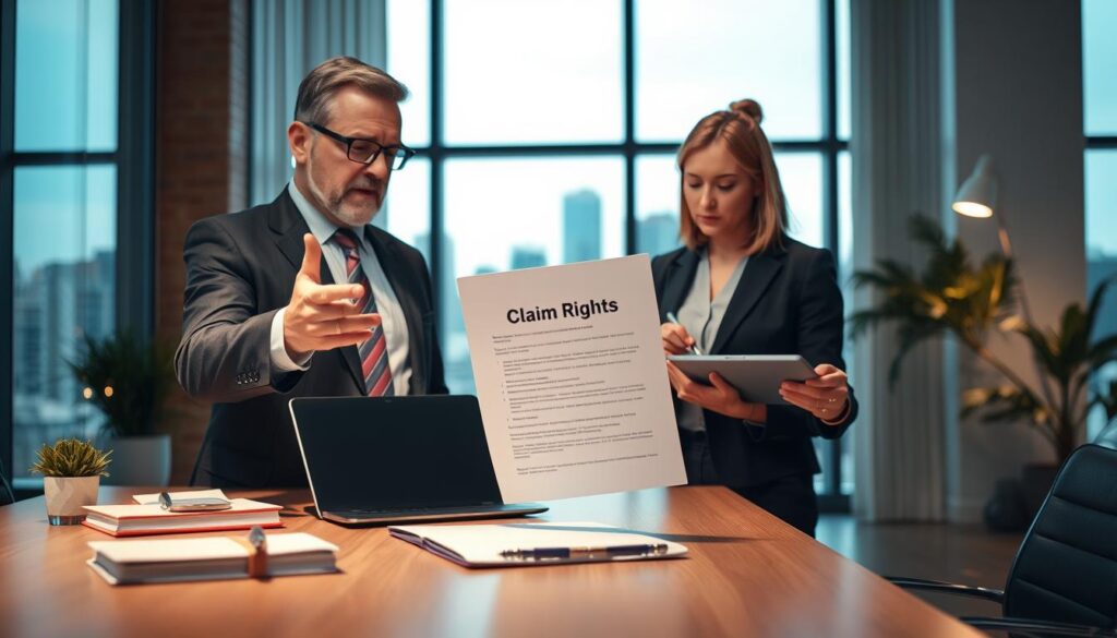 A professional setting depicting a serene office environment where two individuals are discussing claims processing. In the foreground, a middle-aged man in a suit gestures towards a document titled “Claim Rights,” while a woman in a smart blouse takes notes on a tablet, both focused and engaged. The middle ground features a modern desk with a laptop, some legal books, and a small plant adding a touch of greenery. In the background, large windows showcase a cityscape, softly illuminated by natural light, creating a warm and inviting ambiance. The atmosphere conveys a sense of professionalism, collaboration, and clarity. The composition is framed with a slightly angled viewpoint to emphasize the discussion and document’s importance. A professional setting depicting a serene office environment where two individuals are discussing claims processing. In the foreground, a middle-aged man in a suit gestures towards a document titled “Claim Rights,” while a woman in a smart blouse takes notes on a tablet, both focused and engaged. The middle ground features a modern desk with a laptop, some legal books, and a small plant adding a touch of greenery. In the background, large windows showcase a cityscape, softly illuminated by natural light, creating a warm and inviting ambiance. The atmosphere conveys a sense of professionalism, collaboration, and clarity. The composition is framed with a slightly angled viewpoint to emphasize the discussion and document’s importance.