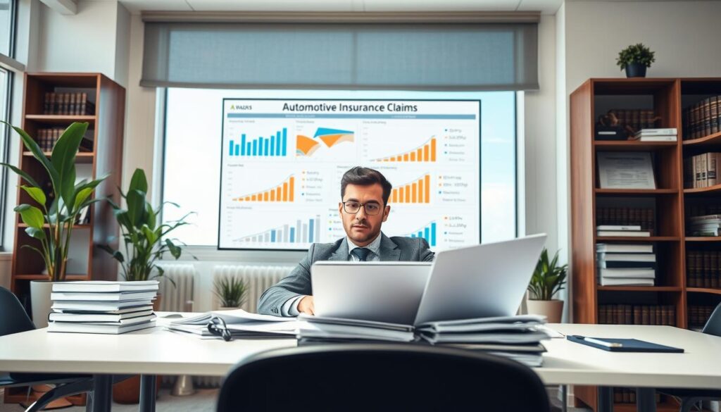 A professional setting depicting the process of verifying a compensation claim. In the foreground, a confident financial analyst in a business suit is seated at a modern desk, examining a stack of documents and a laptop. In the middle, a large monitor displays charts and graphs related to automotive insurance claims. Soft natural light illuminates the room from a window in the background, showing a clear blue sky. The atmosphere is focused and serious, with hints of optimism for fair outcomes. The office is furnished with potted plants and bookshelves stacked with legal books, adding an air of professionalism. The camera angle is slightly elevated, emphasizing the analyst’s engagement with the materials in front of them. A professional setting depicting the process of verifying a compensation claim. In the foreground, a confident financial analyst in a business suit is seated at a modern desk, examining a stack of documents and a laptop. In the middle, a large monitor displays charts and graphs related to automotive insurance claims. Soft natural light illuminates the room from a window in the background, showing a clear blue sky. The atmosphere is focused and serious, with hints of optimism for fair outcomes. The office is furnished with potted plants and bookshelves stacked with legal books, adding an air of professionalism. The camera angle is slightly elevated, emphasizing the analyst’s engagement with the materials in front of them.