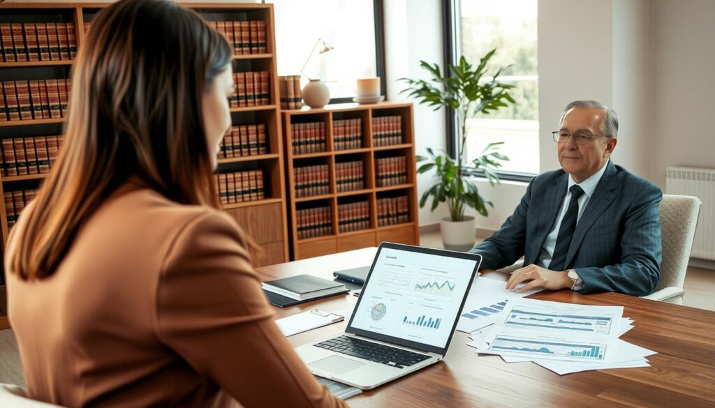 A professional setting featuring a consultant providing advice to a client. In the foreground, a businesswoman in professional attire, attentively listening to a distinguished expert, who is seated across from her and wearing a tailored suit. The middle section includes a modern office setting with a large wooden desk, papers, and a laptop open, showcasing charts and documents related to insurance claims. In the background, a well-organized bookshelf filled with legal books and a window allowing natural light to filter in, creating a warm atmosphere. The lighting is soft yet bright, suggesting a productive ambiance. The angle is slightly elevated, capturing both subjects and the environment harmoniously, indicating a serious and trustworthy consultation atmosphere.