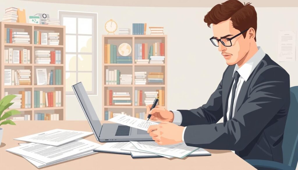 A visually engaging and informative illustration depicting the process of claiming insurance compensation. In the foreground, a focused individual in professional attire is seated at a desk, surrounded by documents and a laptop, analyzing forms related to compensation claims, while taking notes. In the middle ground, shelves filled with various insurance-related books and articles are visible, hinting at the complexity of the subject. In the background, a window allows soft, natural light to filter in, creating a calm and focused atmosphere. The overall mood is professional and diligent, conveying the seriousness of dealing with insurance claim processes. A neutral color palette complements the scene, ensuring clarity and focus on the subject matter. A visually engaging and informative illustration depicting the process of claiming insurance compensation. In the foreground, a focused individual in professional attire is seated at a desk, surrounded by documents and a laptop, analyzing forms related to compensation claims, while taking notes. In the middle ground, shelves filled with various insurance-related books and articles are visible, hinting at the complexity of the subject. In the background, a window allows soft, natural light to filter in, creating a calm and focused atmosphere. The overall mood is professional and diligent, conveying the seriousness of dealing with insurance claim processes. A neutral color palette complements the scene, ensuring clarity and focus on the subject matter.