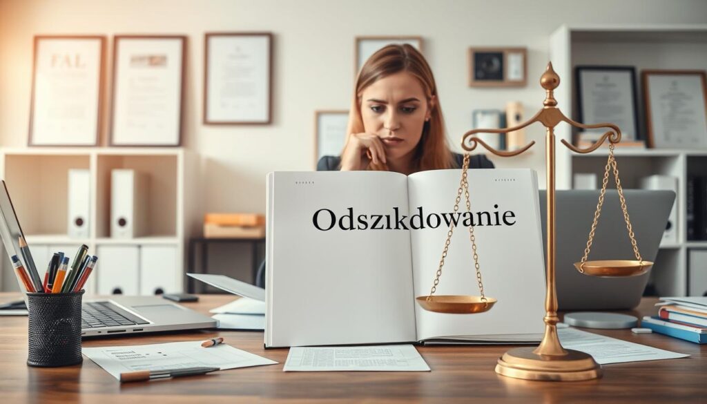 A visually engaging scene illustrating the concept of "insurance compensation" in a fair play context. In the foreground, a professional-looking woman in business attire sits at a well-organized desk filled with insurance documents, pens, and a laptop, thoughtfully analyzing the contents. She has a focused expression, embodying diligence and fairness. In the middle ground, an open file with the term "Odszkodowanie" prominently displayed, surrounded by a balance scale, symbolizing justice and equity in insurance dealings. The background features a soft-lit office setting with bookshelves and framed certificates, conveying a sense of professionalism. The atmosphere is serious yet optimistic, with warm, inviting lighting enhancing the reliability of the environment. The composition is captured from a slightly elevated angle, creating depth and engaging the viewer. A visually engaging scene illustrating the concept of "insurance compensation" in a fair play context. In the foreground, a professional-looking woman in business attire sits at a well-organized desk filled with insurance documents, pens, and a laptop, thoughtfully analyzing the contents. She has a focused expression, embodying diligence and fairness. In the middle ground, an open file with the term "Odszkodowanie" prominently displayed, surrounded by a balance scale, symbolizing justice and equity in insurance dealings. The background features a soft-lit office setting with bookshelves and framed certificates, conveying a sense of professionalism. The atmosphere is serious yet optimistic, with warm, inviting lighting enhancing the reliability of the environment. The composition is captured from a slightly elevated angle, creating depth and engaging the viewer.