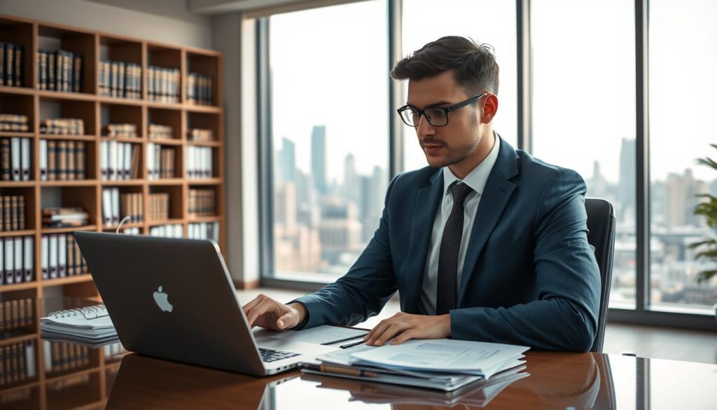 A business professional in a modern office setting disputes an insurance claim. In the foreground, a focused individual dressed in smart business attire sits at a sleek desk, surrounded by papers and a laptop displaying charts and figures. In the middle ground, a large window reveals a bustling cityscape, symbolizing the broader implications of insurance claims. Soft, natural light filters through, creating a warm atmosphere. The background features shelves filled with legal books and documents, emphasizing the seriousness of the process. The scene conveys determination and professionalism, with clear, crisp details, capturing the emotional weight of appealing an insurance decision.
